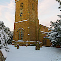 Stone Church in the Snow at Sunset
